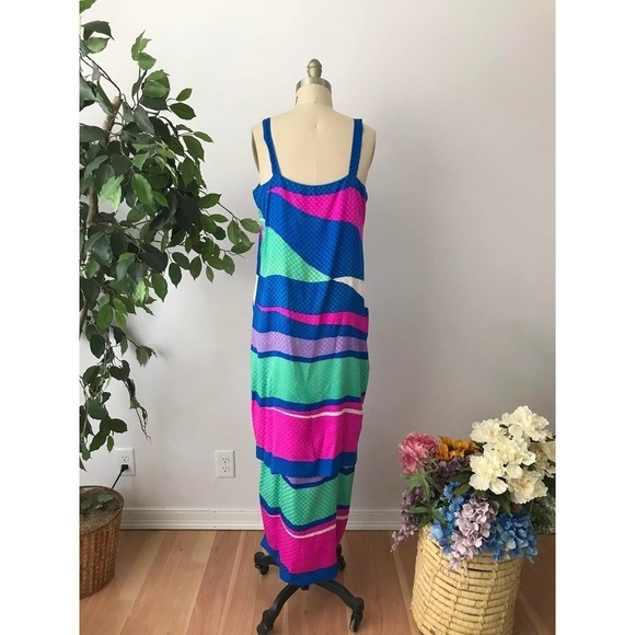 70s Brijo Silk Maxi Dress Column Blue Pink Teal Vintage Designer - Picture 2 of 8